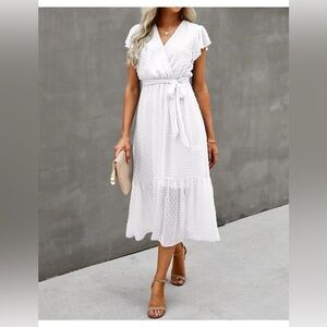 BTFBM White Summer Bohemian Floral Casual Wrap V Neck Ruffle Cap Sleeveless